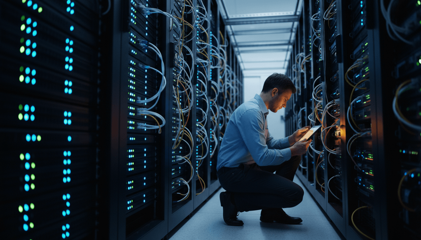IT professional monitoring secure server infrastructure in a data center
