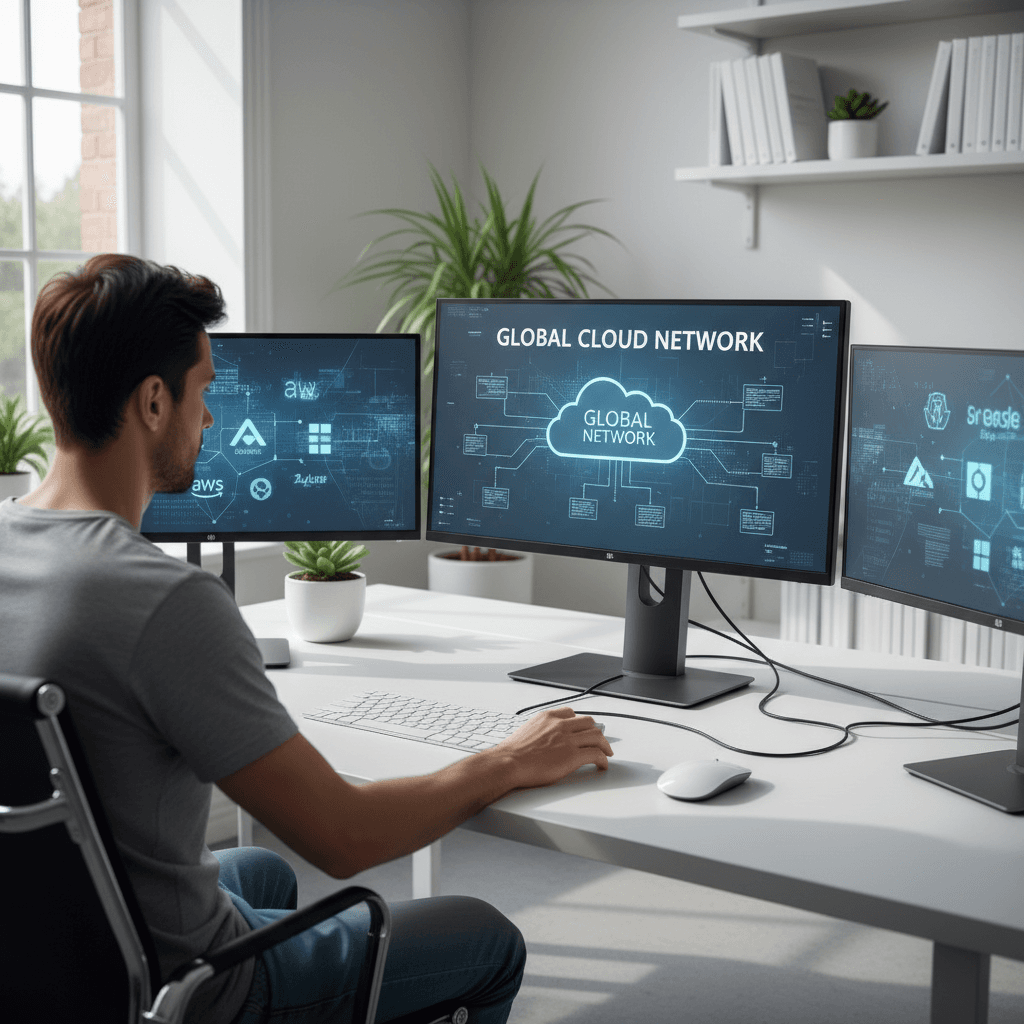 Developer managing cloud infrastructure on computer screens