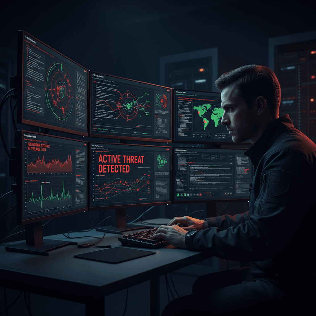 Cybersecurity analyst monitoring threat detection dashboards