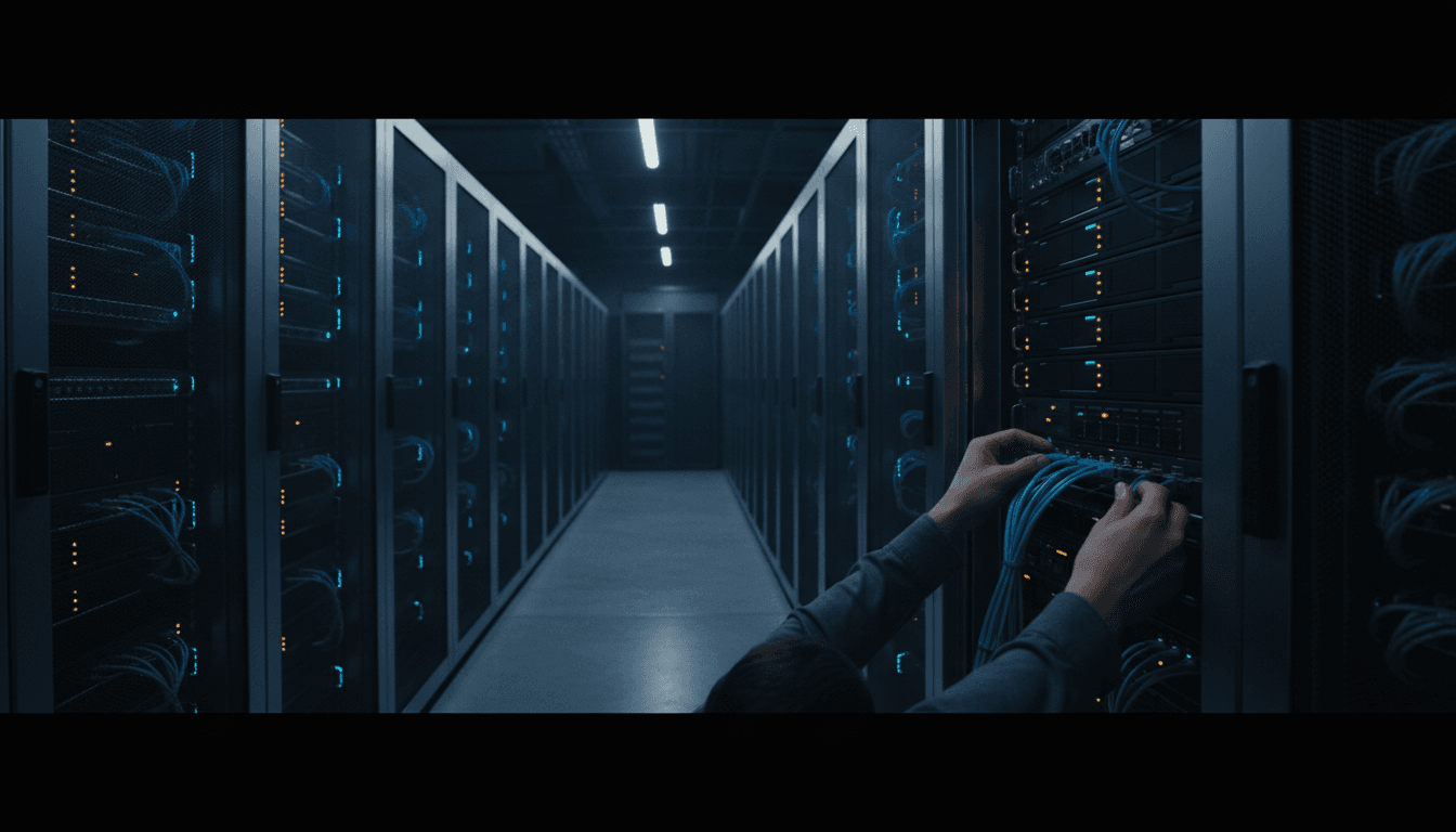 IT technician connecting network cables in a professional server room