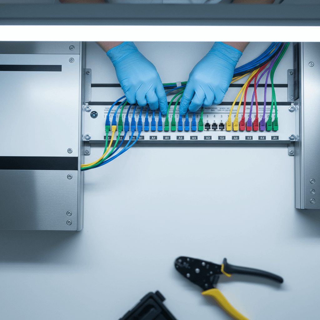 Technician installing network cables into patch panel