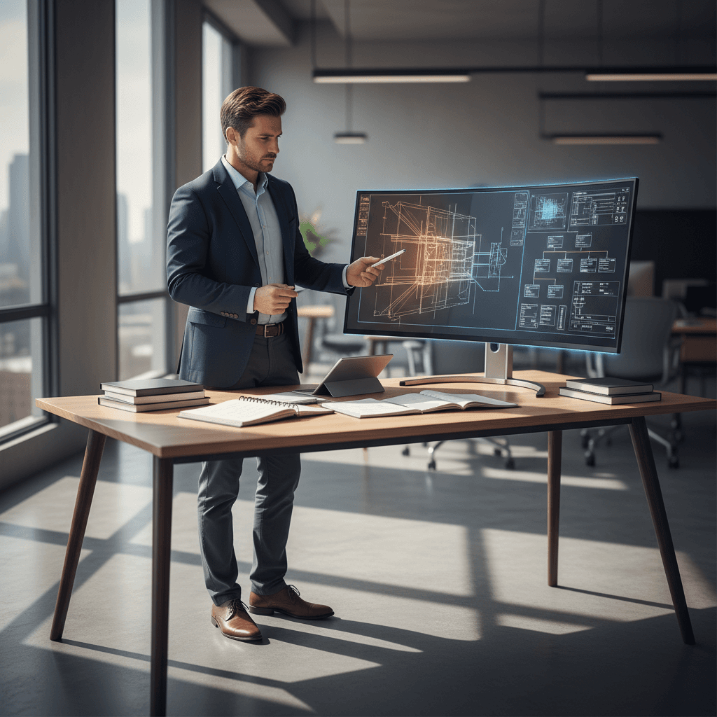 IT consultant reviewing system architecture on computer monitor