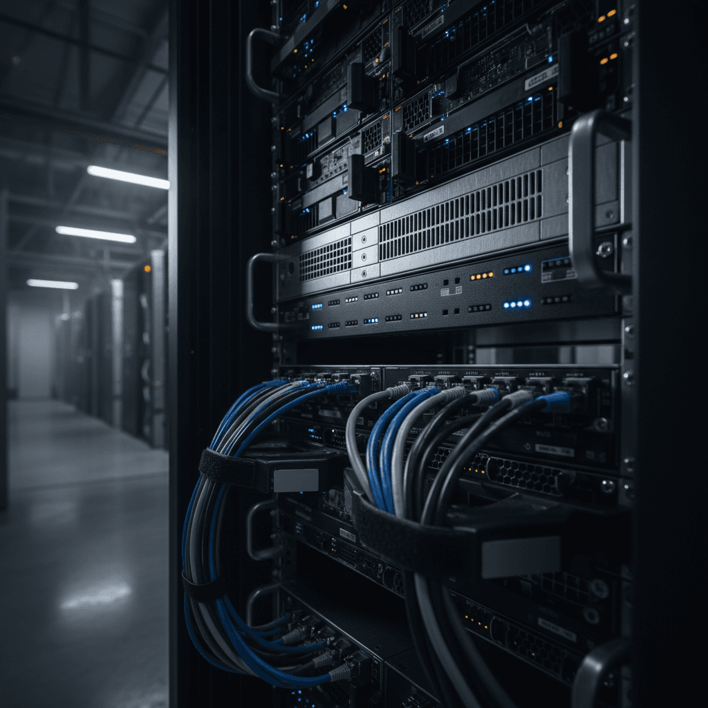 Server rack with networking equipment and LED indicators